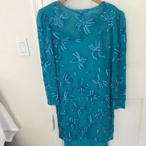 Oleg Cassini Silk beaded dress size 6 Tuquoise